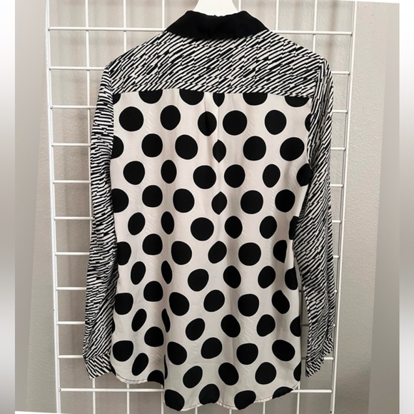 Beige by eci Tops - Black White Mixed Pattern Blouse Polka Dot Striped